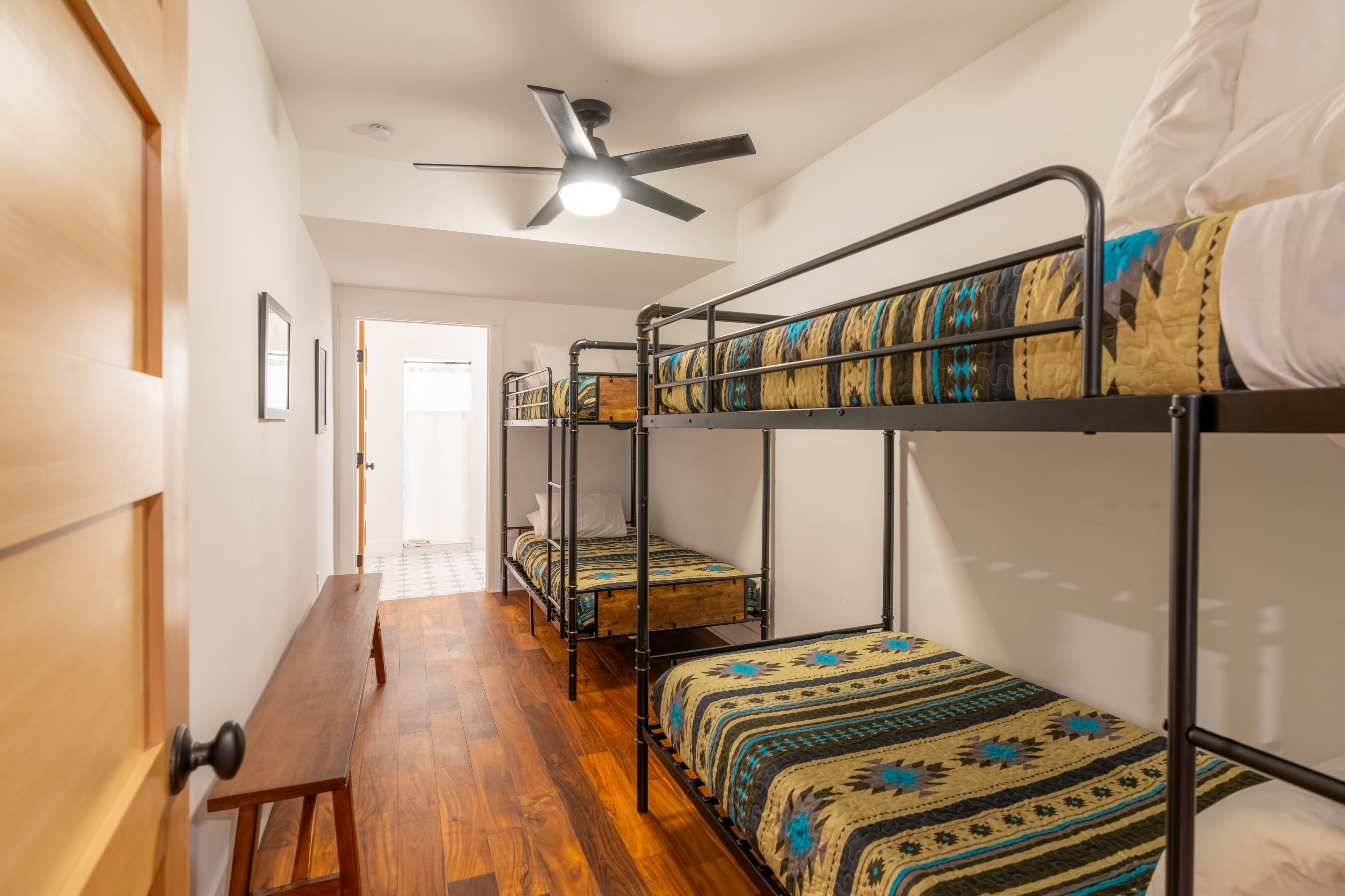 Dormitory room with metal bunk beds