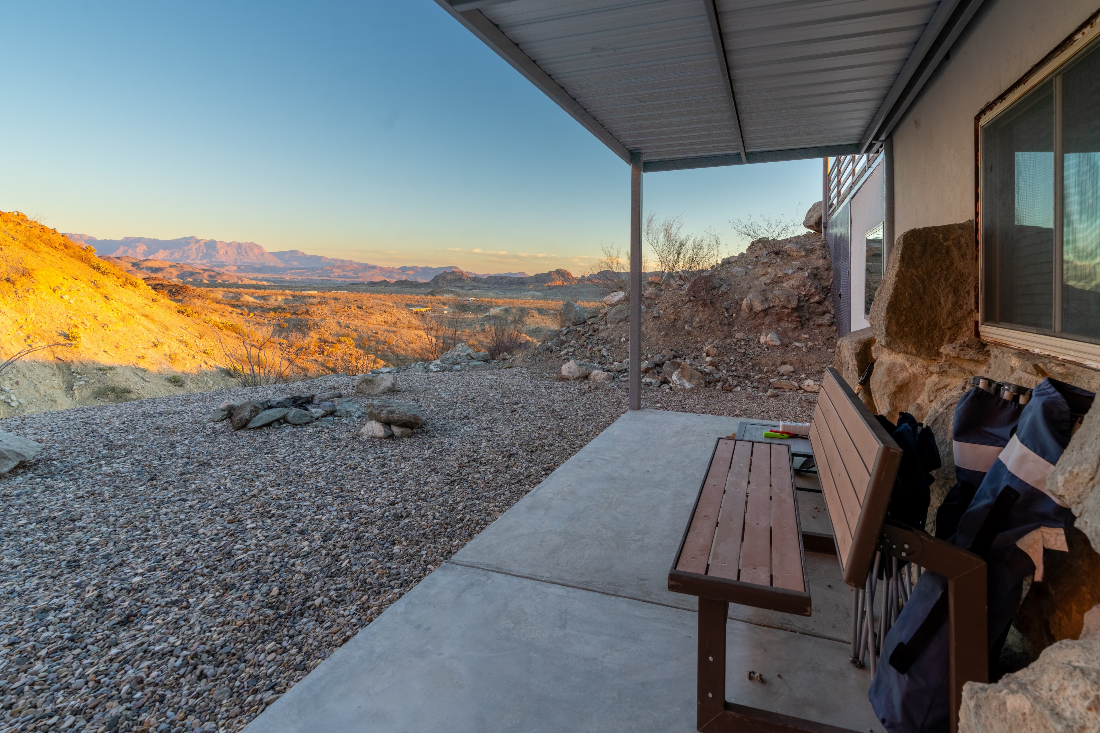Desert cabin patio with mountain vista